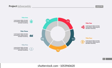 Donut chart with five parts slide template. Diagram, slide template, creative scheme. Data concept. Can be used for presentations, web design, annual reports