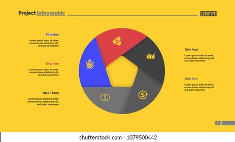 Donut chart with five sections. Infochart, swot analysis, slide template. Reference data concept. Can be used for presentations, layouts, reports