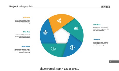 Donut chart with five sections. Infochart, swot analysis, slide template. Reference data concept. Can be used for presentations, layouts, reports