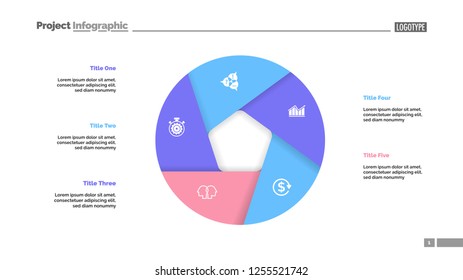 Donut chart with five sections. Infochart, swot analysis, slide template. Reference data concept. Can be used for presentations, layouts, reports