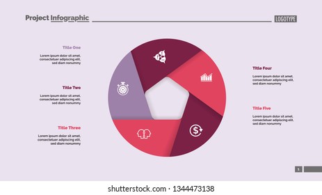 Donut chart with five sections. Infochart, swot analysis, slide template. Reference data concept. Can be used for presentations, layouts, reports