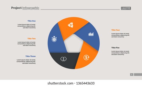 Donut chart with five sections. Infochart, swot analysis, slide template. Reference data concept. Can be used for presentations, layouts, reports