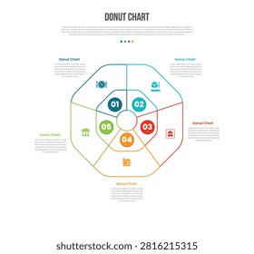 Donut chart infographic template with 5 point octagon angular segment donut wheel for slide presentation vector