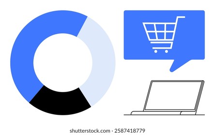 Donut chart, laptop, and shopping cart icon in speech bubble. Ideal for e-commerce, data analysis, online shopping, market research, business strategy, digital marketing, and web analytics. Line