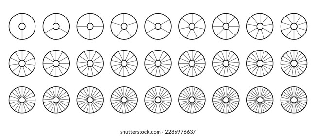 Donut chart segments collection. Wheel diagrams set. Outline sections and slices pack. From 2 to 28 segments of infographic charts. Different phases and stages of cycle. Vector 