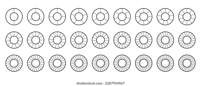 Donut chart segments collection. Wheel diagrams set. Outline ring sections and slices pack. From 2 to 28 sectors of infographic charts. Different phases and stages of cycle. Vector 