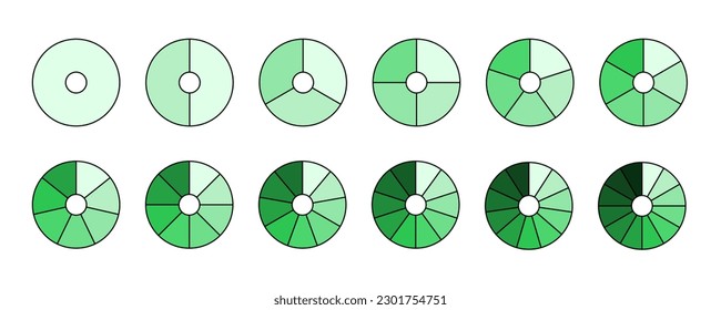 Colección de segmentos del gráfico de resultados. Diagramas de rueda en color verde. Secciones de esquema y paquetes de secciones. De 1 a 12 segmentos de gráficos infográficos. Diferentes fases y etapas del ciclo. Vector 