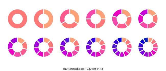 Donut chart segments collection. Wheel diagrams set in pink purple orange colors. Sections and slices pack. From 1 to 12 segments of infographic charts. Different phases and stages of cycle. Vector 