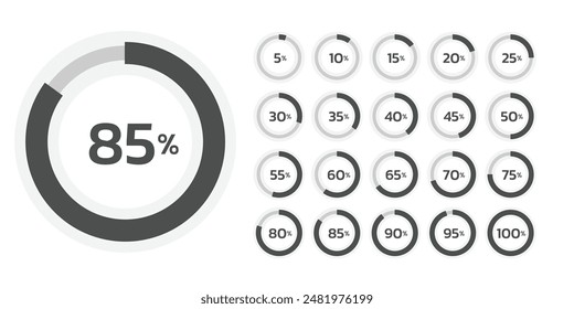 Conjunto de gráficos de donut muestra para varios números de porcentaje 5 - 100% para infografía, Diseño web ux ui y visualización de datos