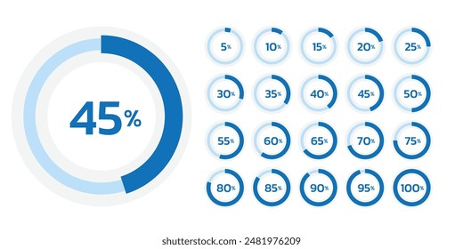 Donut chart set shows for various percent numbers 5 - 100% for infographic, ux ui web design and data visualization