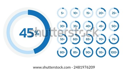 Donut chart set shows for various percent numbers 5 - 100% for infographic, ux ui web design and data visualization