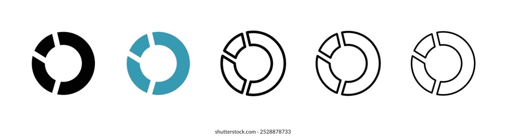Donut chart vector icon set in black and blue colors.
