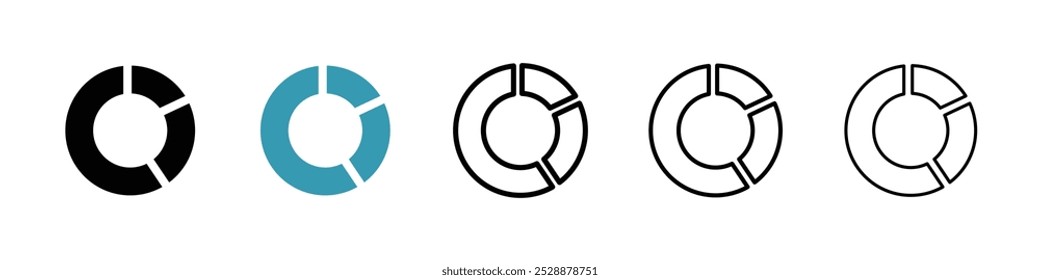 Donut chart vector icon set in black and blue colors.