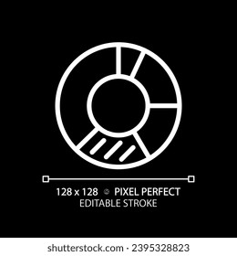 Donut chart white linear icon for dark theme. Competitor analysis. Customer segmentation. Presentation graphic. Thin line illustration. Isolated symbol for night mode. Editable stroke