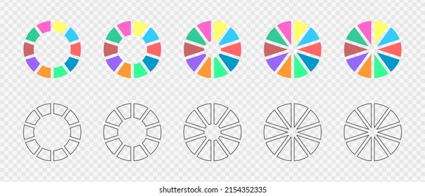 Donut charts divided in 10 multicolored and graphic sections. Infographic wheels set. Circle diagrams or loading bars. Round shapes cut in ten equal parts. Vector flat and outline illustration