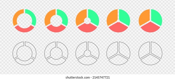 Donut charts divided in 3 multicolored and outline segments. Infographic wheels set. Circle diagrams segmented on three equal parts. Vector flat and graphic illustration.