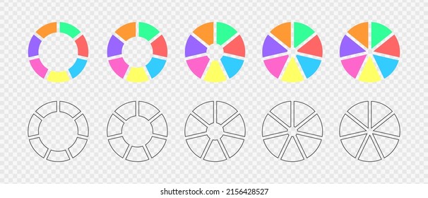 Donut charts divided in 7 multicolored and graphic segments. Infographic wheels set. Round diagrams or loading bars cut in seven equal parts. Vector flat and outline illustration.