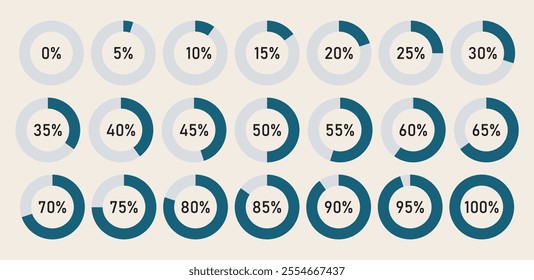 Donut charts increments, diagrams pie chart set circle icons for infographic. Circle section graph.Round loading bar. Graphic illustration for UI web design