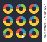 Donut charts, pies segmented on equal parts set. Diagrams infographic multicolored collection