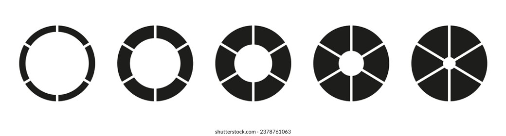 Donut charts, pies segmented on 6 equal parts. Wheels round divided in six sections. Diagrams infographic set. Circle section graph. Pie chart icon. Geometric elements. Vector silhouette illustration.