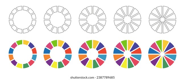 Donut charts, pies segmented on 12 equal parts. Diagrams infographic multicolored set. Wheels divided in twelve sections. Circle section graph. Pie chart round icons. Loading bars collection. Vector.