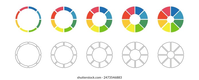 Donut charts, pies segmented on 8 equal parts. Wheels divided in eight sections. Diagrams infographic multicolored set.  Circle section graph. Pizza chart icon. Round loading bar. Graphic illustration