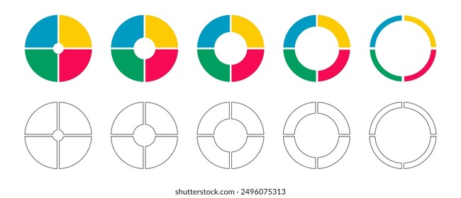 Donut charts, pies segmented on 4 equal parts. Infographic multicolored set. Circle graphs divided in four sections. Pie chart round icons. Wheel life diagram coaching tool.