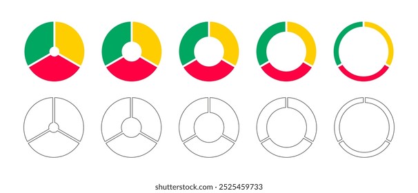 Donut charts, pies segmented on 3 equal parts. Wheels divided in three sections. Diagrams infographic multicolored set. Circle section graph. Pizza, pie chart icon. Round loading bar.