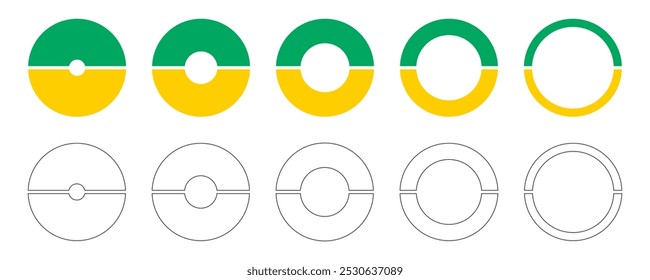 Gráficos de donas, pasteles segmentados en 2 partes iguales. Conjunto de diagramas de infografía multicolores. Ruedas divididas en dos secciones. Gráficos de sección circular. Tarta, pizza gráficos iconos redondos. Cargando Plantillas de barra. 