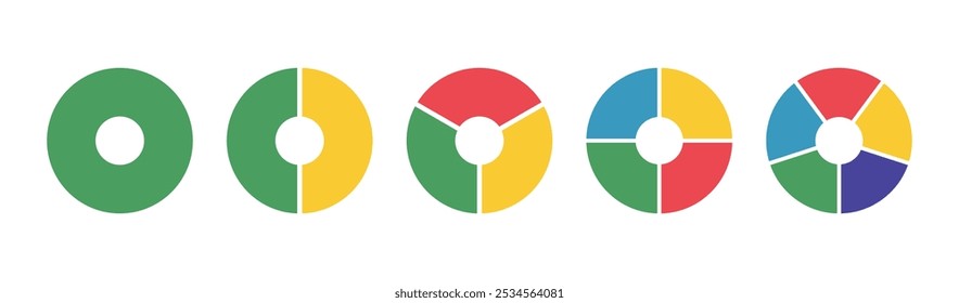 Gráficos de rosquinha, tortas segmentadas em partes iguais definidas. Diagramas infográfico coleção multicolorida. Rodas divididas em seções. Gráfico de seção de círculo. Pizza, ícones redondos do gráfico de pizza. Carregando modelos de barra.