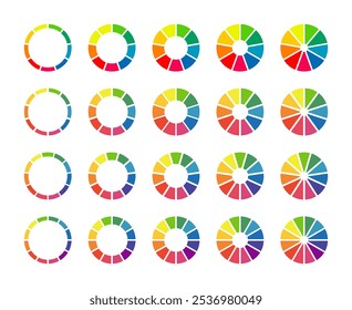 Gráficos de rosquinha, tortas segmentadas em 9, 10, 11, 12 partes iguais. Rodas divididas em seções. Conjunto de diagramas multicoloridos infográficos. Gráfico minimalista de seção de círculo. Ícones redondos do gráfico de pizza. Carregando barra.