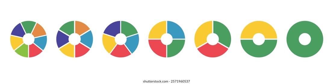 Donut charts, pies segmented on from 1 to 7 equal parts. Diagrams infographic multicoloured. Circle section graph. Wheels divided in sections. Pie, pizza chart round icons layout. Loading bar mockup.