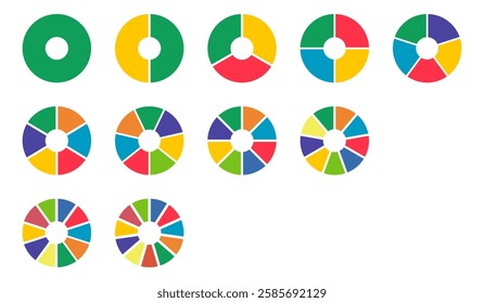 Donut charts, pies segmented on from 1 to 11 equal parts. Pie, pizza chart round icons layout. Diagram infographic multicoloured. Circle section graphs. Wheels divided in sections. Loading bar mockup.