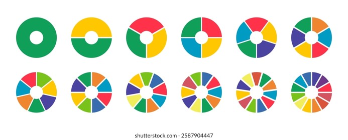 Donut charts, pies segmented on from 1 to 12 equal parts. Set of diagrams infographic multicoloured. Circle section graph icons. Pizza chart round layout. Wheel divided in sections. Loading bar mockup