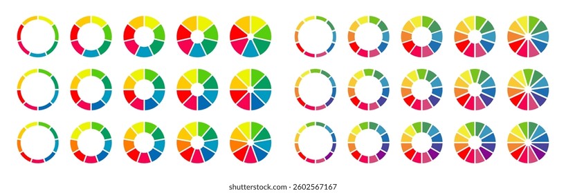 Donut charts, pies segmented on 7, 8, 9, 10, 11, 12 equal parts. Wheel divided in sections. Set of multicoloured infographic diagrams. Circle section graph. Pizza chart round icons. Loading bar mockup