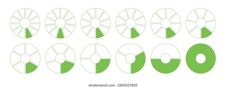 Donut charts, pies segmented on from 1 to 12 equal parts. Diagrams infographic. Circle section minimal graph. Green wheels divided in sections. Pizza chart round icons mockup. Coaching blank template.