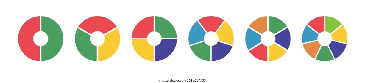 Donut charts, pies segmented on from 2 to 7 equal parts. Diagrams infographic multicoloured set. Circle section graphs. Wheels divided in sections. Pizza chart round icons layout. Loading bar mockups.