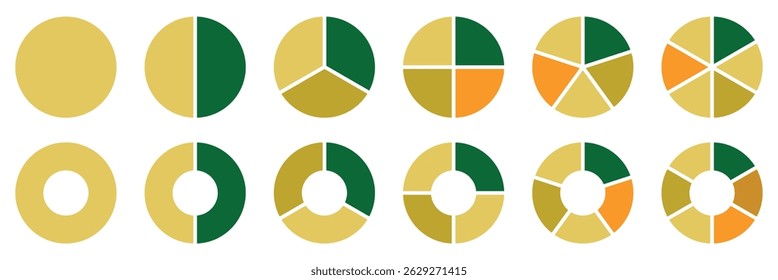 Donut charts, pies segmented on equal parts from 1 to 12. Diagram infographic colored set. Circle section graph. Wheels divided in sections. Pie chart round icons. Loading bar layout icon set. Eps 10