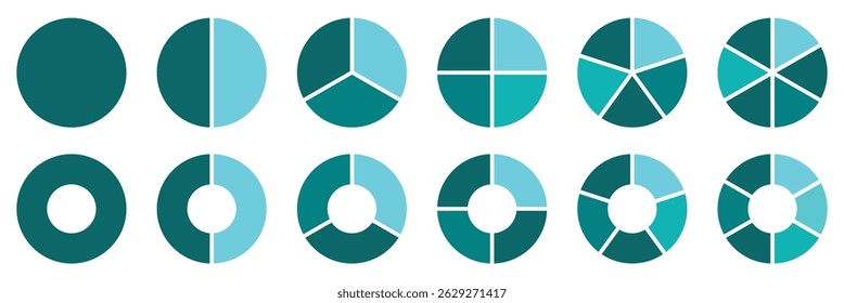 Donut-Diagramme, Kuchen segmentiert auf gleichen Teilen von 1 bis 12. Diagramm infographischen Farbsatz. Kreisschnitt-Diagramm. In Abschnitte unterteilte Räder. Kreisdiagramm-Rundungssymbole. Symbolsatz für das Laden des Balkenlayouts. EPS 10