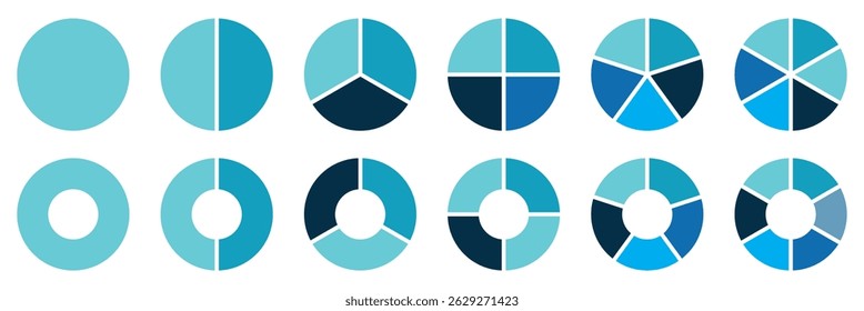 Donut charts, pies segmented on equal parts from 1 to 12. Diagram infographic colored set. Circle section graph. Wheels divided in sections. Pie chart round icons. Loading bar layout icon set. Eps 10