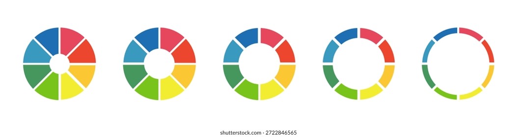 Gráficos de donas, pasteles segmentados en 8 partes iguales. Diagramas infográficos multicolores. Ruedas divididas en ocho secciones. Conjunto de gráficos de sección circular. Diseño de iconos redondos de gráfico de pizza. Maqueta de la barra de carga.