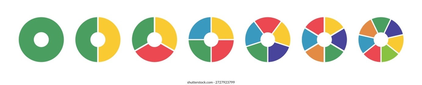 Gráficos de rosquinha, tortas segmentadas de 1 a 7 partes iguais. Diagramas infográfico gráfico gráfico de seção circular de um a sete passos. Rodas divididas em seções. Pizza, layout de ícones redondos do gráfico de pizza. Carregando barra