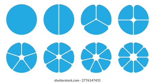 Donut charts, pies segmented on equal parts. Diagram infographic colored set. Circle section graph. Wheels divided in sections. Pie chart round icons. Loading bar layout icon set. Eps 10.