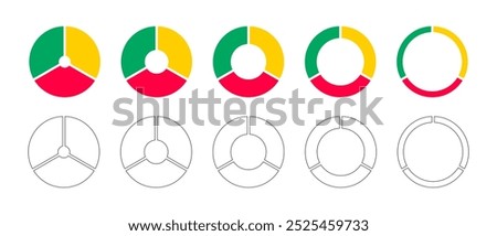 Donut charts, pies segmented on 3 equal parts. Wheels divided in three sections. Diagrams infographic multicolored set. Circle section graph. Pizza, pie chart icon. Round loading bar.