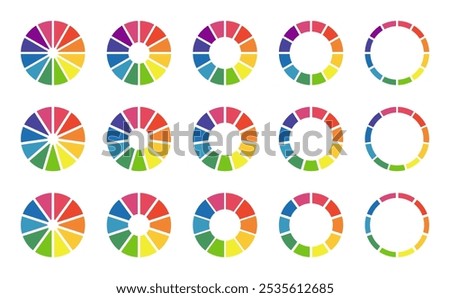 Donut charts, pies segmented on 10, 11, 12 equal parts. Wheels divided in sections. Diagrams infographic multicoloured collection. Circle section minimalist graph. Pizza chart round icon. Loading bar.