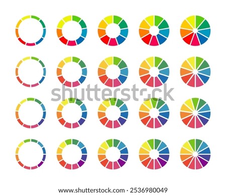 Donut charts, pies segmented on 9, 10, 11, 12 equal parts. Wheels divided in sections. Set of infographic multicoloured diagrams. Circle section minimalist graph. Pizza chart round icons. Loading bar.