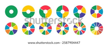 Donut charts, pies segmented on from 1 to 12 equal parts. Set of diagrams infographic multicoloured. Circle section graph icons. Pizza chart round layout. Wheel divided in sections. Loading bar mockup