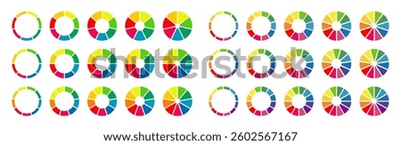 Donut charts, pies segmented on 7, 8, 9, 10, 11, 12 equal parts. Wheel divided in sections. Set of multicoloured infographic diagrams. Circle section graph. Pizza chart round icons. Loading bar mockup