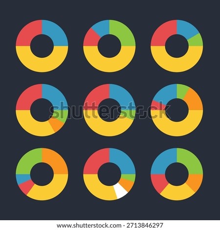 Donut charts, pies segmented on equal parts set. Diagrams infographic multicolored collection