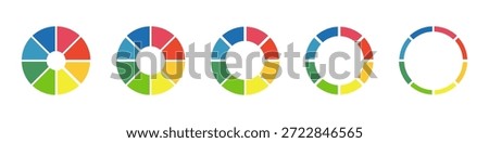 Donut charts, pies segmented on 8 equal parts. Diagrams infographic multicoloured. Wheels divided in eight sections. Circle section graph set. Pie, pizza chart round icons layout. Loading bar mockup.